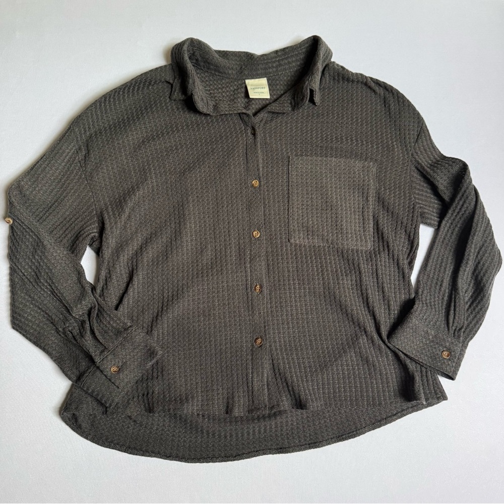PASSPORT Charcoal Gray Waffle Collared Button-Down Shirt Large Roll Tab Sleeves